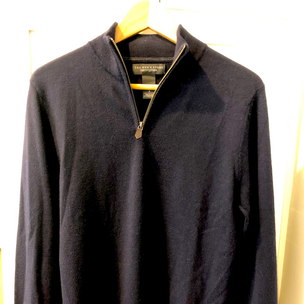Men’s navy fine merino wool sweater, quarter zip mock turtle, sz small